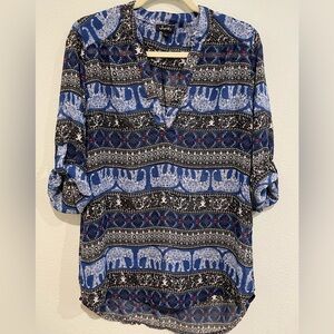Justify elephant print sheer blouse in black and blue.  High low hemp Si…